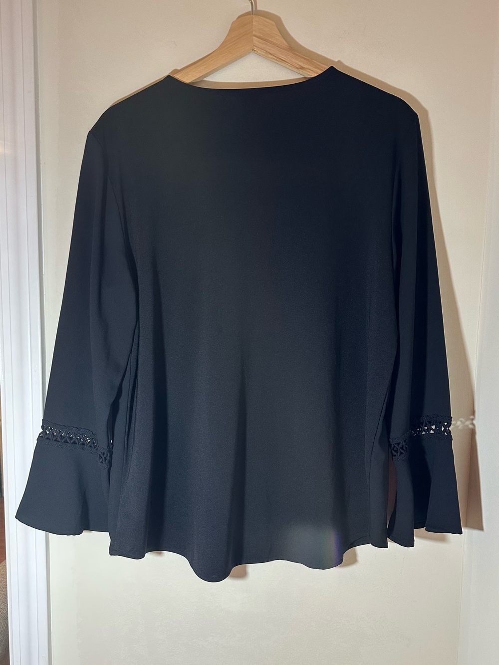 Ann Taylor Black Crochet Trim Bell Sleeve Blouse - Picture 2 of 4